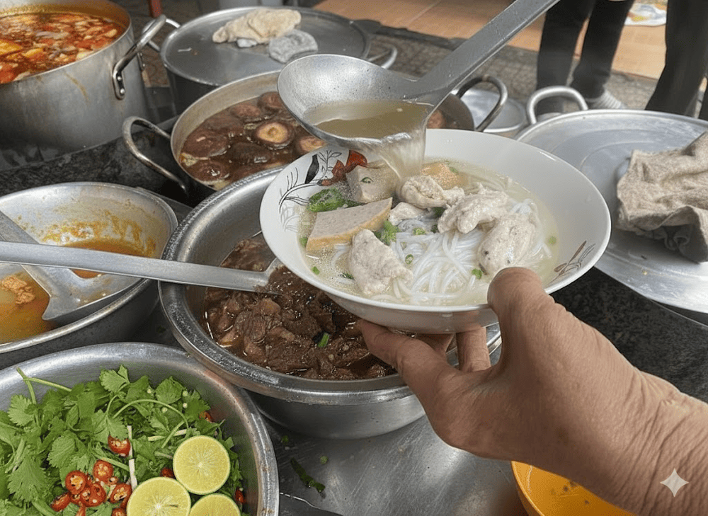 A comforting bun moc suon sun with tender pork balls and crunchy cartilage ribs in a savory broth